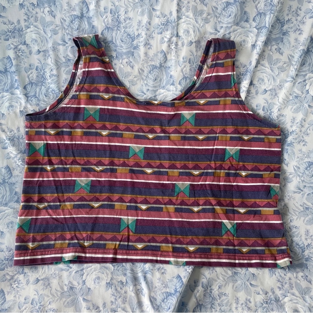 Vintage Tank Top Cropped 90s Geometric Southwest Muted Colors Zig Zag Funky Top